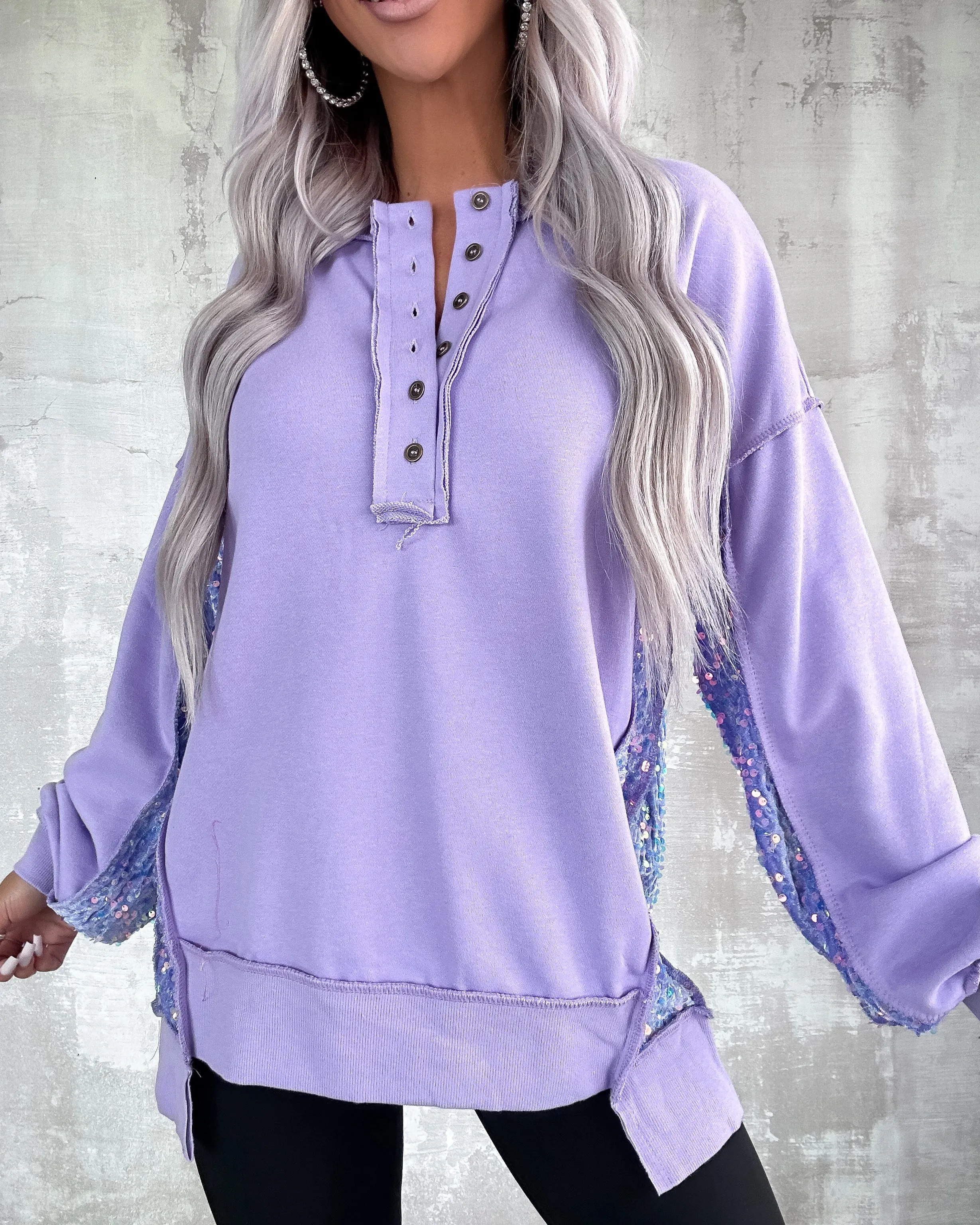 Sparkling Patchwork Henley Sweatshirt - Lilac